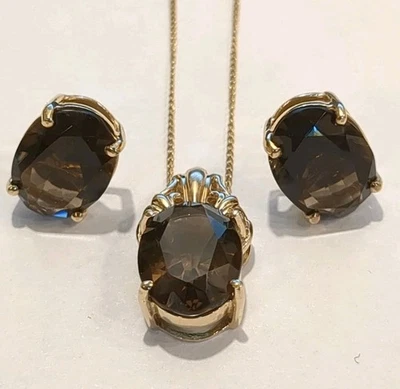 10K Yellow Gold Faceted Smoky Quartz Pendant Necklace & Earrings Set 6.7 gr - Image 1 of 4