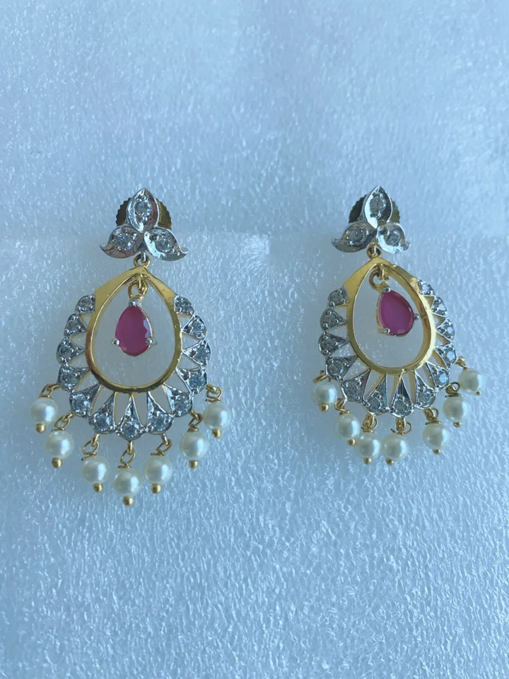 Conjunto de pendientes de boda Bollywood indios chapados en oro de 24k circonita cúbica roja peal Foto 1 de 1