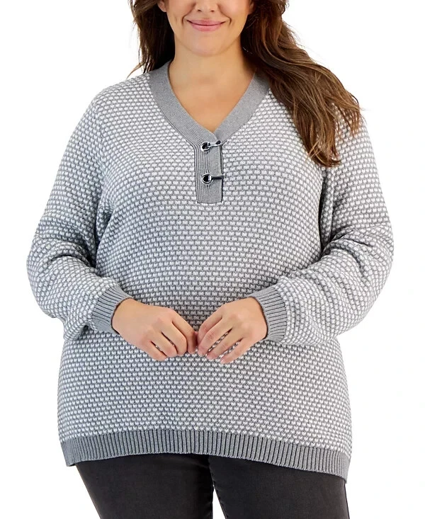 Suéter Pullover Henley Tejido 100% Algodón Talla Grande Karen Scott Para Mujer, Gris, 1X Foto 1 de 1