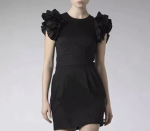 French Connection Wendy Black Dress Fitted Frill Ruffle Shoulder Detail Size 12 - Picture 1 of 6