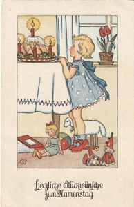 Künstler-AK -1- Mädchen m. Kasperle, Puppe, Ball + Holz-Schaf - Verlag: VHG - Bild 1 von 1