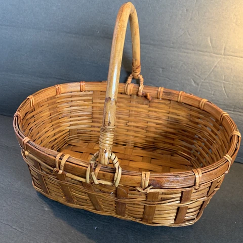 Vintage Oval Bamboo Handled Lacquered Basket~10” Boho~Gathering~Storage Cover