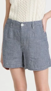 Alex Mill Gingham Boy Shorts Women's Size 2 Navy Blue Beige Linen High Waist - Picture 1 of 5