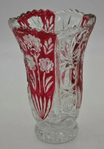 Vintage Ruby Boehemian Crystal Cut To Clear Vase 6 1/4" - Picture 1 of 7