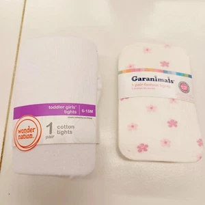 2 Pairs Wonder Nation/Garanimals Baby Girls Tights-6-18M-Pink Flower-White Solid - Picture 1 of 4