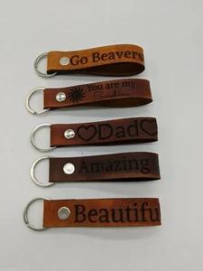 Hand crafted leather looped Keychain with custom etching. Made in USA - Picture 1 of 4
