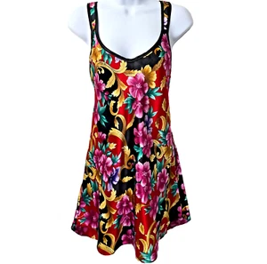 Vintage Lingerie Satin Slip Dress M Chemise A Line Black Floral USA Beach Cruise - Picture 1 of 8