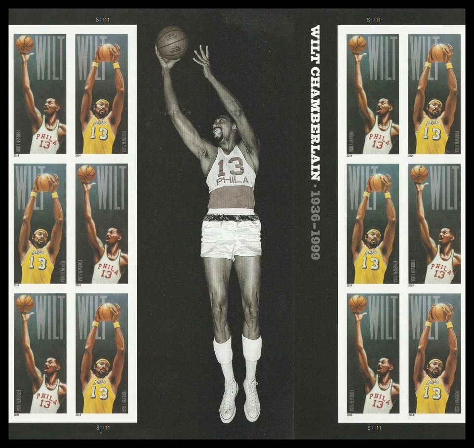 US 4951b Wilt Chamberlain imperf NDC panel gutter block 12 MNH 2014 - Image 1 of 1