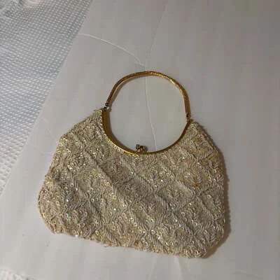 Vintage Hand Bead Handbag Hong Kong Sequin Taupe Cream White Gold Clean - Image 1 of 2