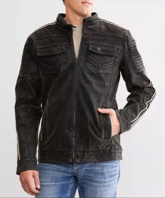Buckle Faux Suede Jacket Men’s Small Black Distressed Zip Biker Piping Details - Image 1 of 4