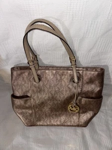 Michael Kors Travel Tote Bag Logo Top Zip Adjustable Shoulder Straps Brown Tan - Picture 1 of 8