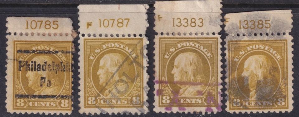 Scott #508 (4), 8 Cent Franklin Plate Number Singles, Used - Image 1 of 1