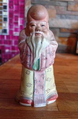 Ancienne Statuette de Divinité Grès de Chine Shou Lao Chinois ancien, signé - Photo 1/4