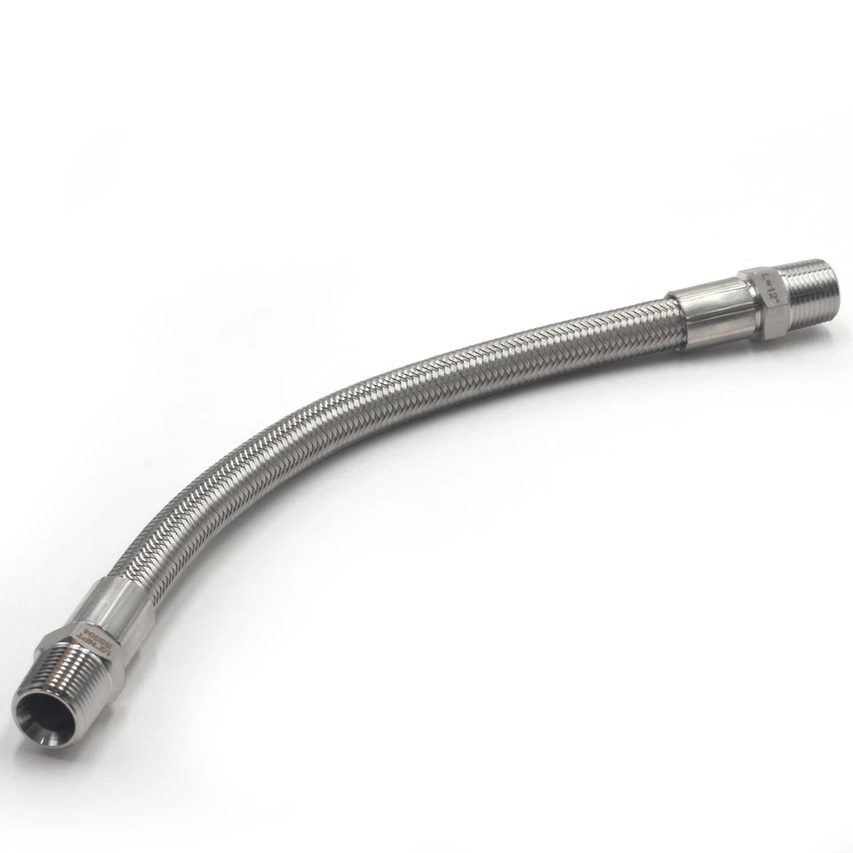 HFS(R) 1/2" Male NPT Stainless Steel Braided Hose 12" Length PTFE Liner 1500PSI - Image 1 of 4