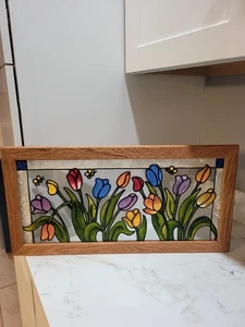 Tiffany Style Stained Glass Window Panel Multicolor Tulips With Frame - Picture 1 of 7