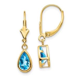 14k Yellow Gold 8x5mm Pear Blue Topaz Leverback Drop & Dangle Earrings 1.12gm - Picture 1 of 4