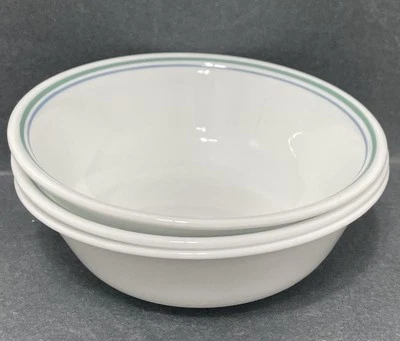 JUEGO DE 3 CUENCOS SOPERA DE CEREALES CON BORDE VERDE AZUL CASA DE CAMPO CORELLE VITRELLE EE. UU. Foto 1 de 4