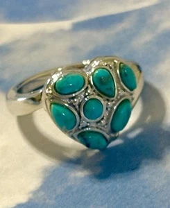 Designer BBJ Sterling Silver Carved Turquoise Cluster HEART 925 Ring 8.5  SIGNED - Picture 1 of 3