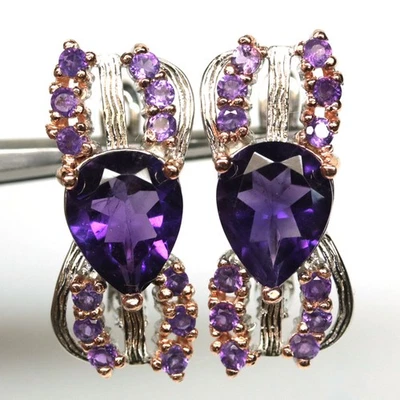 Pendientes de joyería de dos tonos hechos a mano de amatista púrpura de plata de ley 925 Foto 1 de 4