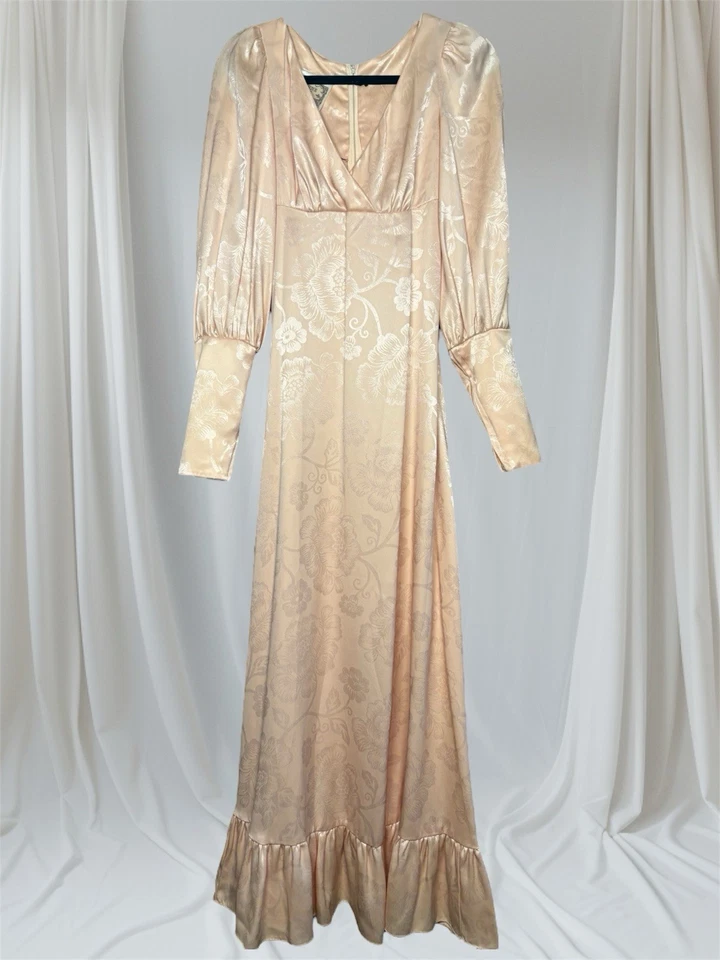 Vestido de pradera Gunne Sax satén melocotón años 70 I Magnin (defectos menores) XXS 32/29 corbata Foto 1 de 4