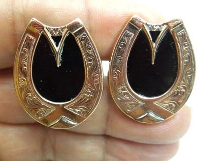 Gemelos de ónix negro con incrustaciones grabados en oro macizo de 10kt s934 Foto 1 de 3