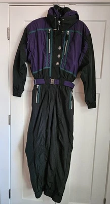 Obermeyer Ladies Vintage Ski Snow Suit Black Purple Teal Size 10 - Image 1 of 4