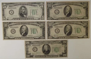 Lot of 1934 $5 $10 & $20 Federal Reserve Notes $55 Face Value F-VF - Picture 1 of 3