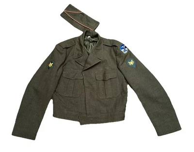 VTG 1944 Army Field Jacket WW2 Sz 42R Wool Patches Military Officer Ike & Hat - Image 1 of 4