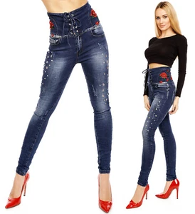 Damen Hose Jeans Denim Look High-waist Corsage Look Röhrenjeans Dunkelblau E1927 - Picture 1 of 17