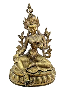 LARGE 18.5" Green Tara Tibetan Buddha in Brass. Maker's mark signed, excellent - Picture 1 of 12