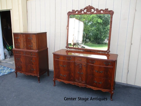 63599  Antique Mahogany High Chest + Dresser w/ Mirror Cover
