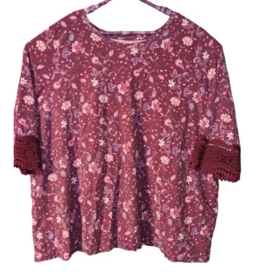 女式尺寸 38/40 Mauve 花卉 3/4 袖栗色花边装饰 — 第 1/3 张图片