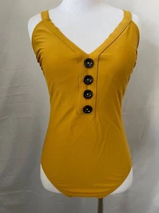 Kona Sol  Mustard Yellow V-Neck 4 Front Button One-Piece Swimsuit - Medium - Picture 1 of 12