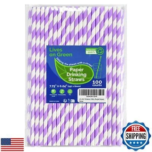 Lives on Green Disposable Purple Striped Party Paper Drinking Straws 100 Coun - Picture 1 of 5