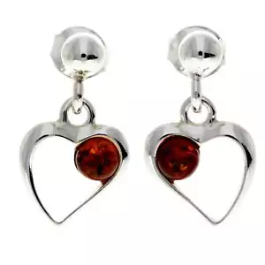925 Sterling Silver & Genuine Baltic Amber Heart Drop Earrings - AA005 - Picture 1 of 12