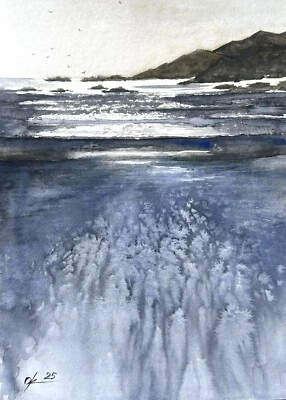 Original Watercolor Painting Seascape, Sea Shore Stone summer sandy shore A4 - image 1 of 4