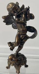 Antike französische Cherub Engel spielt Flöte Bronze schwere Eisenstatuette um 1900 - Bild 1 von 16