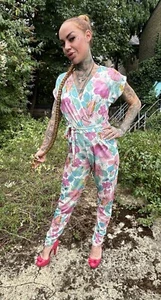 Vintage 90s Pink And Green Floral Jumpsuit - Picture 1 of 5
