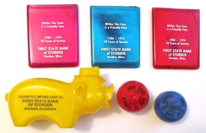 7 VINTAGE 1970's FIRST STATE BANK of STORDEN MINN. PIECES PIGGY BANK TOY TOPS ++ - Picture 1 of 5