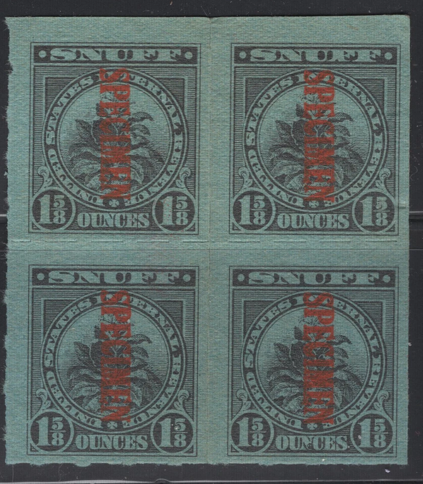 US Taxpaid Revenue Stamp Specimen  Block of 4 - Springer TES11 Snuff 1 5/8 oz - Image 1 of 1