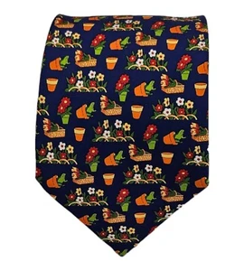 COMPAGNIA DELLE INDIE Blue Flowerpot Frog Silk Tie ITALY 60"/ 4" EC - Picture 1 of 5