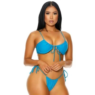 Underwire Bikini Set Front Side Ties Cheeky Bottom Teal Blue 441416 Medium — 第 1/3 张图片
