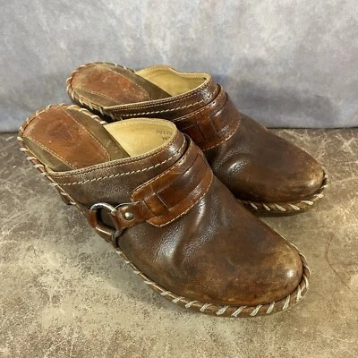 Sapatos femininos tamanco Frye 7M anel Charlotte marrom salto desgastado mula hippie boho - Imagem 1 de 4