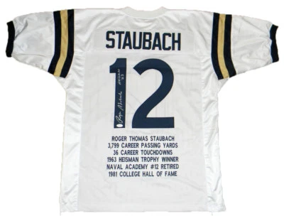 ROGER STAUBACH SIGNED NAVY MIDSHIPMEN #12 WHITE STAT JERSEY JSA W/ HEISMAN 63 - Image 1 of 3
