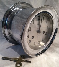 Antique Waterbury Jeweled Chrome Plated Brass Ship'S Clock W Ships Bell
