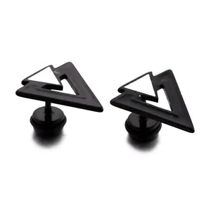 2 Pcs Men's Titanium Stainless Steel Black Triangle Stud Earrings Punk Ear Plug - Picture 1 of 7