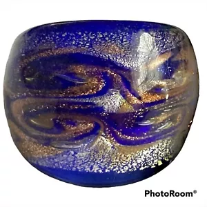 Murano Style Art Glass Dome Cocktail Ring Size 8 Cobalt Blue Copper VintageStock - Picture 1 of 11