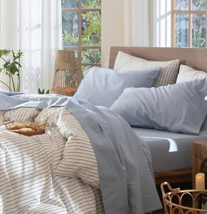 Bedding Sheet Set 100% Washed Cotton Linen like Textured Breathable Durable Soft - Picture 1 of 12