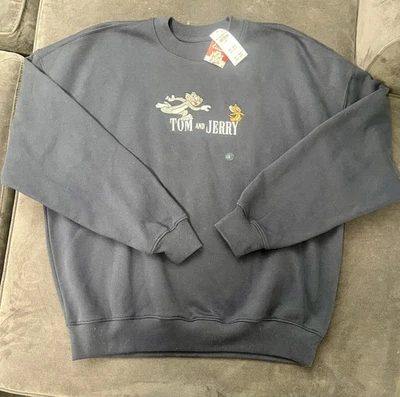 Hollister Tom And Jerry 刺绣圆领运动衫男式大号蓝色 — 第 1/3 张图片