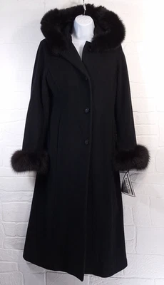 Abrigo De Colección Marvin Richards Talla 8 Negro Lana Cachemira Piel de Zorro Capucha Puños MR6MU276 Foto 1 de 4